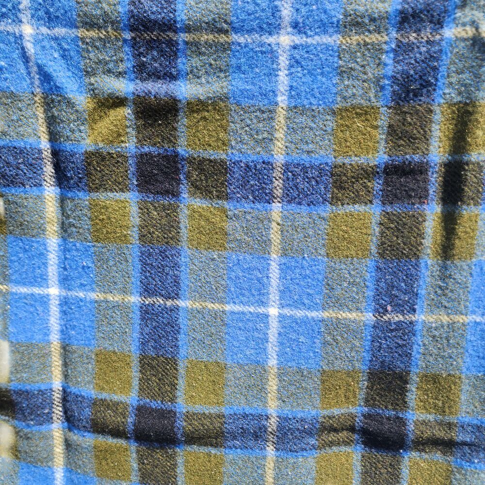 Vintage Wool Throw Blanket Blue Green Plaid Fringe 53x48 Cozy Cabin Camp - Picture 2 of 3